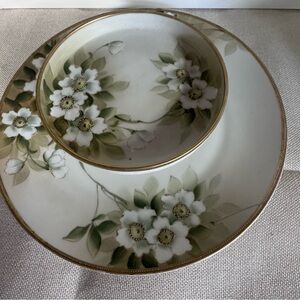 Hand-painted Nippon two-tier dessert dish with floral motifs and gold trim